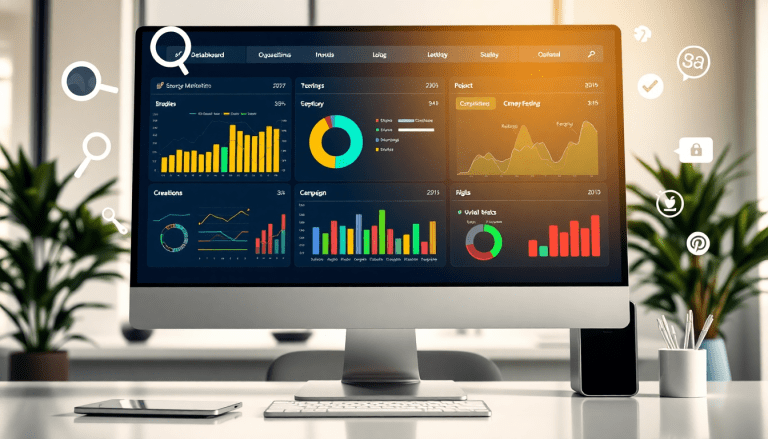 Digital marketing KPI dashboard with marketing metrics visualization, performance tracking, campaign KPI monitoring, automated reports, cross-channel analytics, ROI tracking, digital campaign reporting, marketing data insights, AI marketing features, and interactive performance metrics displayed on a desktop screen.