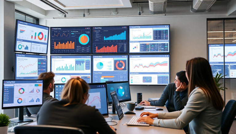Marketing team analyzing performance via a marketing analytics dashboard for cross-channel analytics and client dashboard insights, showcasing agency reporting automation, digital marketing data visualization, Funnel.io alternative, and TapClicks reporting platform comparison for optimized KPI tracking.