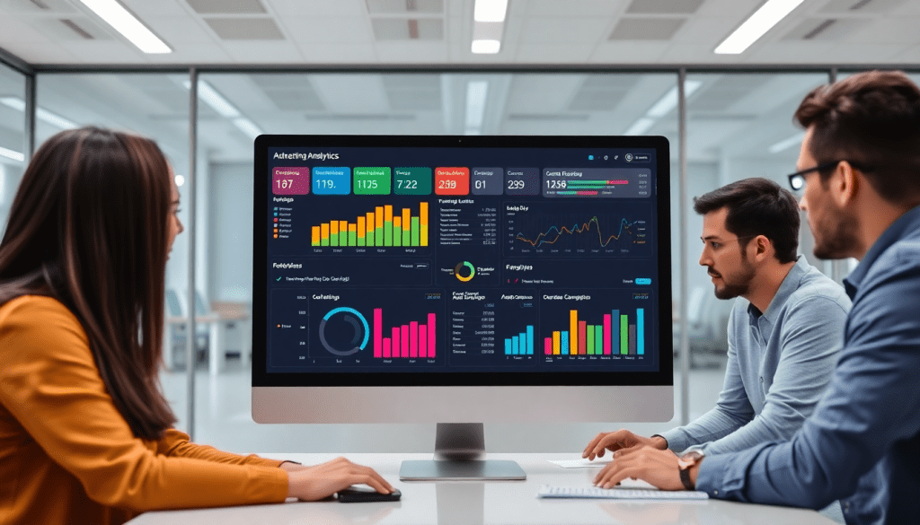 People analyzing data on performance marketing reporting software with an ad spend optimization dashboard, performance analytics tool, and ROAS tracking platform.