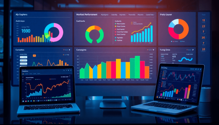 Performance marketing reporting software displaying automated campaign reporting, performance analytics, ad spend optimization dashboard, ROAS tracking, conversion rate analytics, digital advertising insights, cross-channel campaign tracking, and client performance reports on multiple screens.
