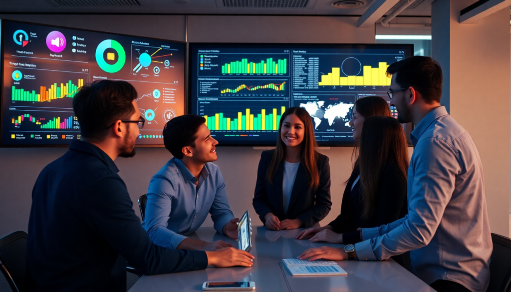 Marketing team collaborating with AI data visualization tool for marketing teams, showcasing AI-powered dashboards, automated marketing analytics, and campaign performance insights on screens.