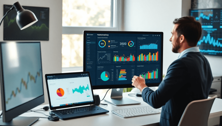 Marketing dashboard automation with AI-powered tools displaying real-time marketing analytics and multi-channel data aggregation on a computer screen.