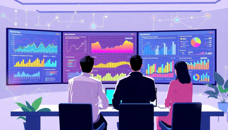 Marketing team utilizing AI data visualization tool for marketing analytics automation, featuring AI reporting assistant, automated dashboard creation, and cross-channel performance tracking for enhanced client analytics and ROI tracking.