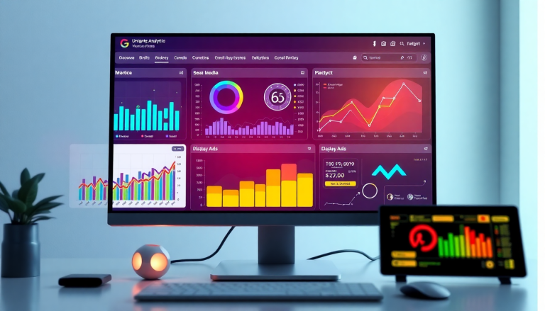 Multi-channel analytics dashboard displaying cross-channel marketing analytics, campaign performance visualization, and integrated marketing metrics for ROI tracking.