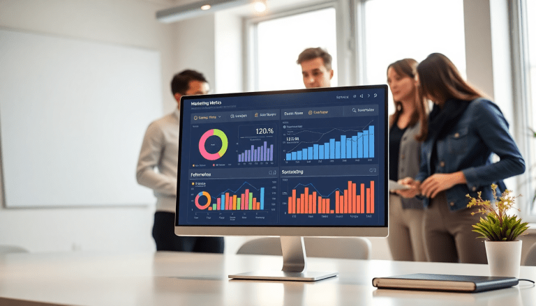 Automated KPI reporting dashboard showcasing marketing analytics automation, AI reporting assistant, and cross-channel performance tracking in a modern office setting.