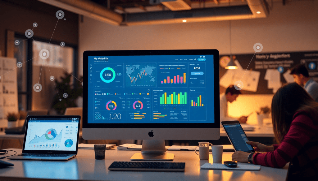 Automated KPI reporting dashboard in an office setting showcasing marketing analytics automation, AI reporting assistant, and data visualization for cross-channel performance tracking and ROI insights.