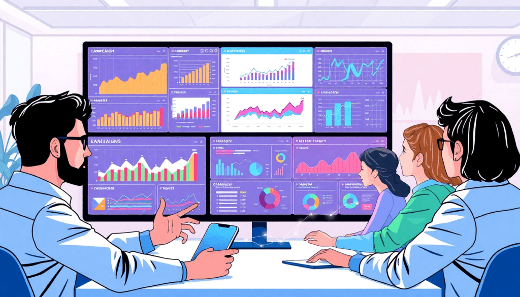 Illustration of marketing team using AI data visualization tool for marketing analytics automation, featuring an automated dashboard with cross-channel performance tracking and campaign performance insights.