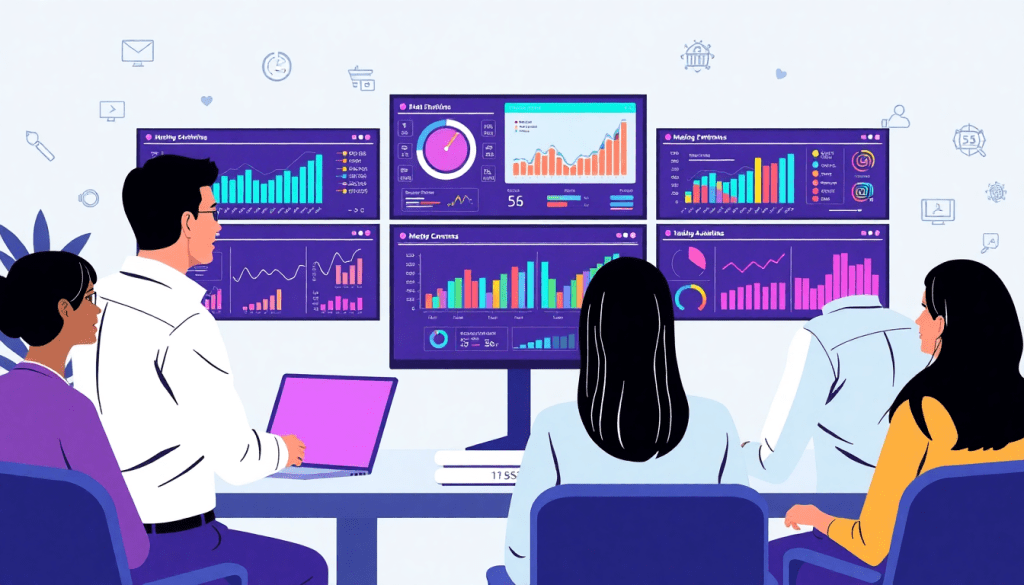 Team analyzing marketing analytics on a client dashboard platform with multiple data visualizations, ideal as a NinjaCat alternative for agency reporting automation and cross-channel reporting.