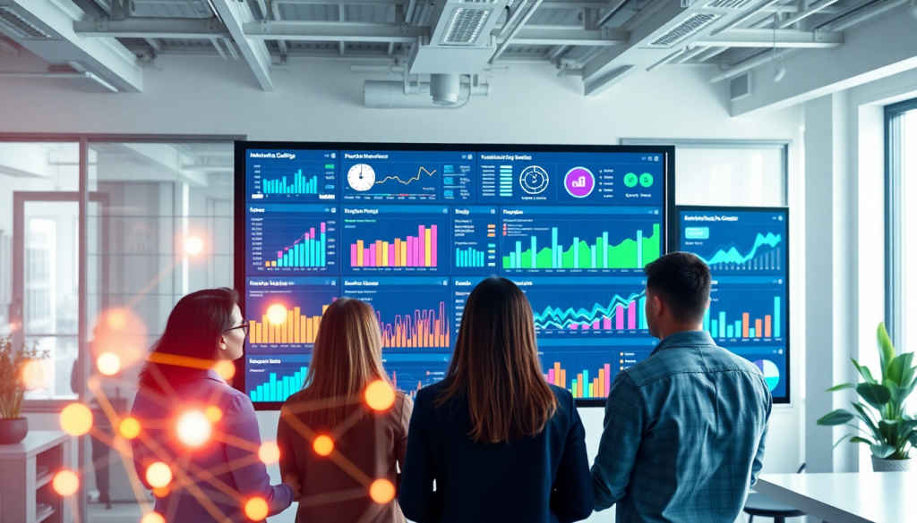 Marketing team using AI data visualization tool for marketing analytics automation with dashboards showcasing cross-channel performance, ROI tracking, and campaign performance insights.