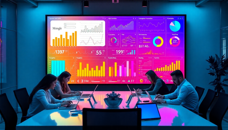 Digital marketing KPI dashboard showing marketing metrics visualization and performance tracking, with individuals analyzing campaign KPI monitoring and automated reports in a modern conference room.