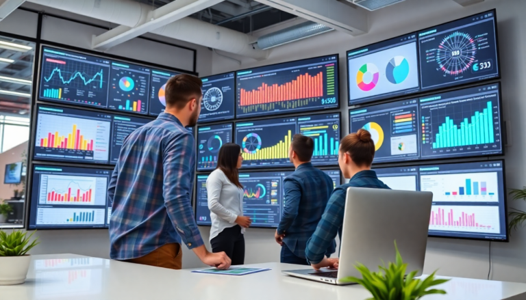 Marketing team analyzing data on multiple screens showcasing a marketing analytics dashboard, focusing on automated performance reports and cross-channel analytics for agency reporting automation, highlighting Funnel.io alternative and TapClicks reporting platform features.