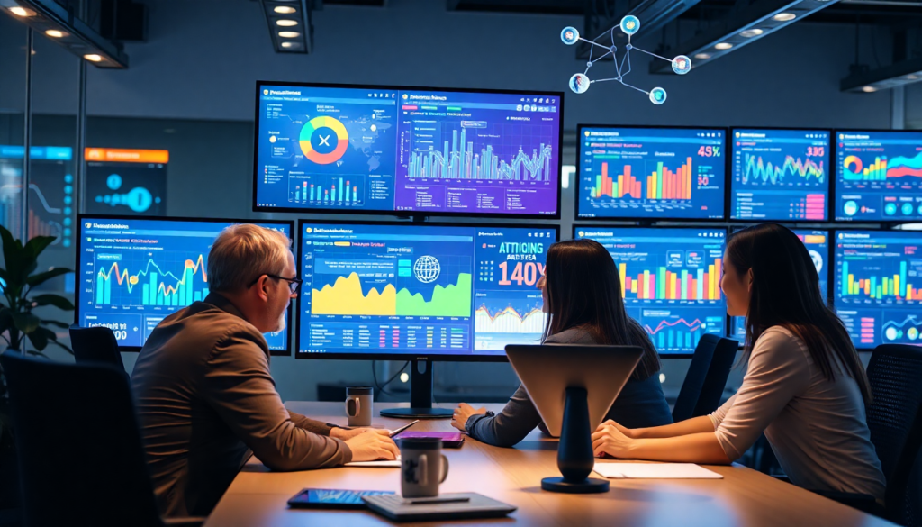 AI data visualization tool for marketing teams showcasing AI-powered dashboards, cross-channel visualization, campaign performance insights, and real-time marketing metrics in an interactive digital performance dashboard setting.