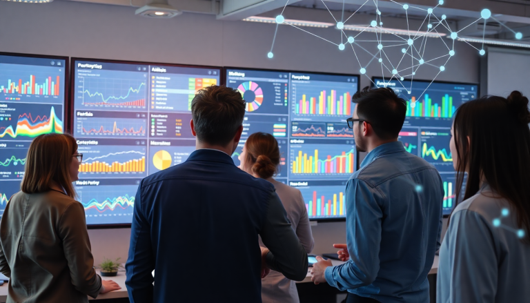 Marketing team using an AI data visualization tool for cross-channel performance tracking and analytics automation on multiple screens.