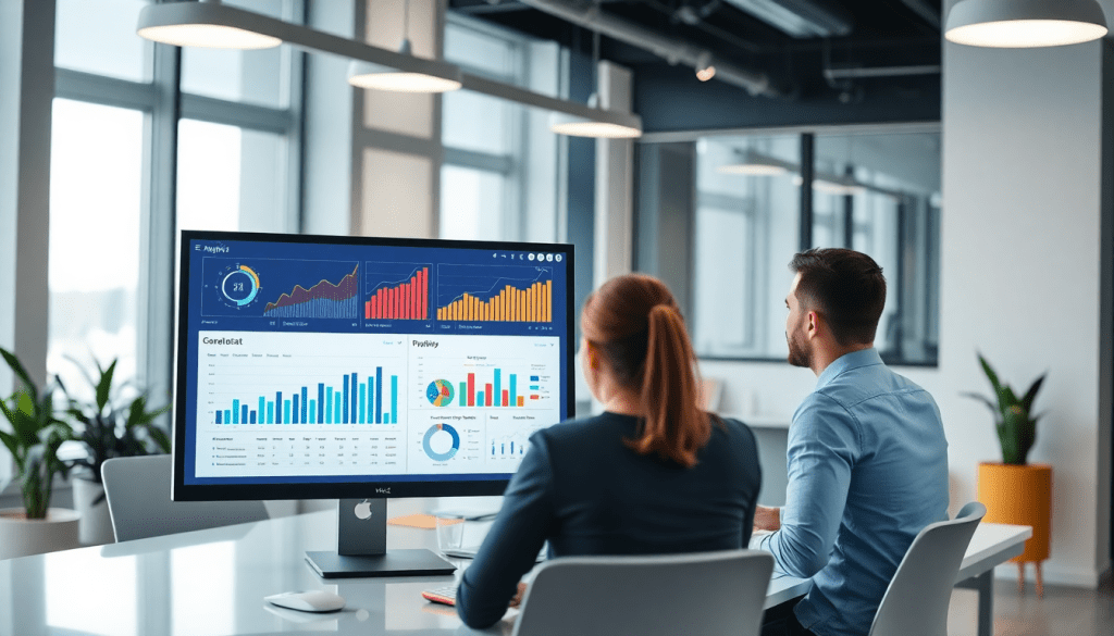 Two professionals analyzing marketing reports on a computer screen, showcasing an alternative to NinjaCat for agency reporting automation and cross-channel reporting.