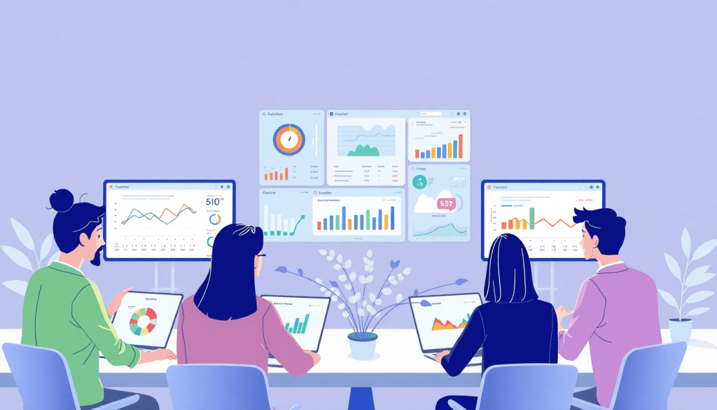 Team of professionals using reporting software for agencies to create automated marketing reports and analyze campaign performance on a client dashboard platform.