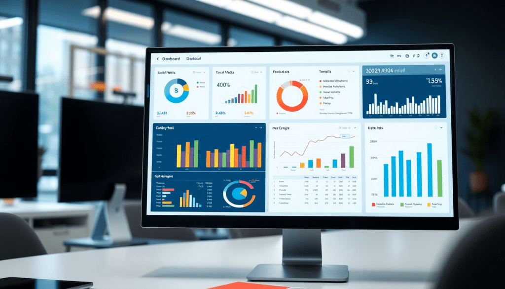 Multi-channel analytics dashboard displaying cross-channel marketing analytics, performance tracking, campaign performance visualization, ROI insights, and integrated marketing metrics.