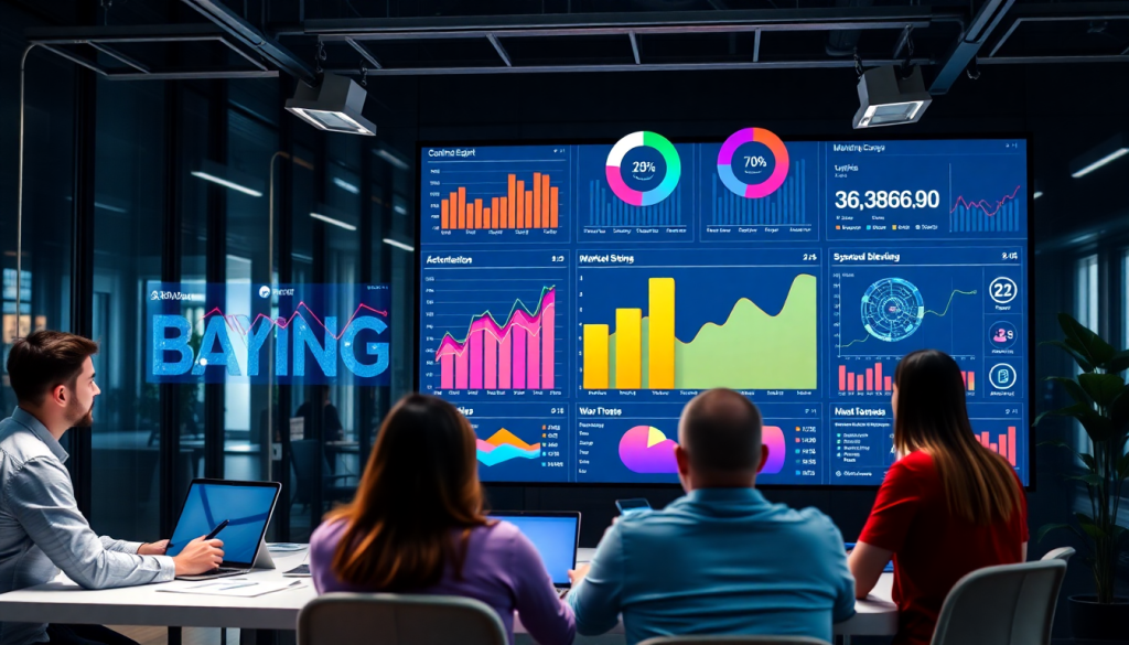 People analyzing a marketing analytics dashboard displaying automated performance reports, cross-channel analytics, and performance marketing KPIs for agency reporting automation, highlighting a Funnel.io alternative.