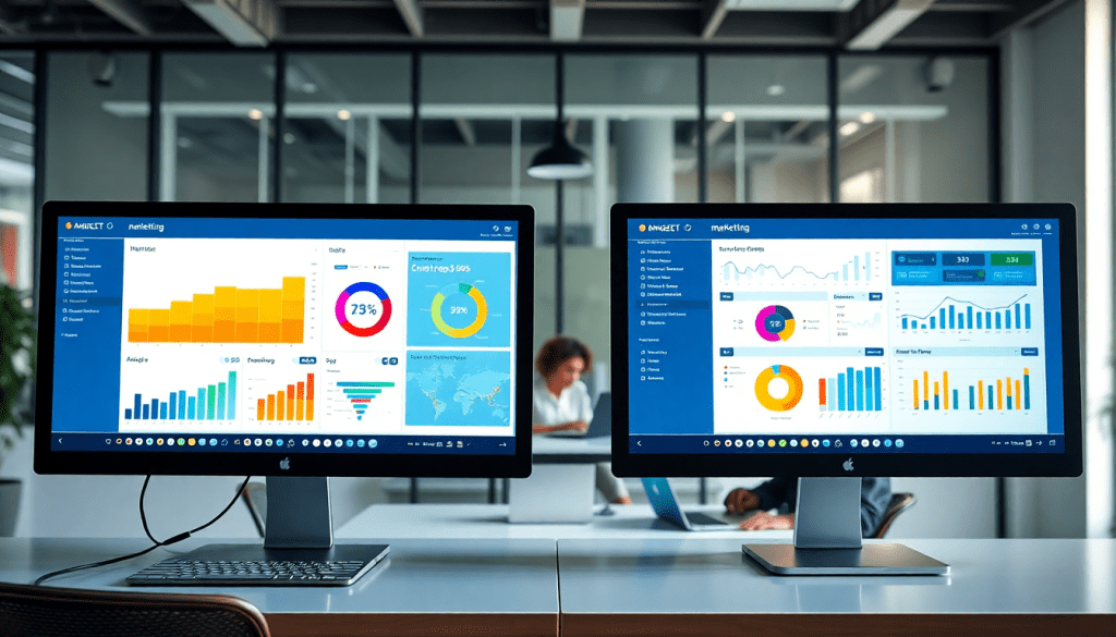 Two monitors displaying the best marketing reporting software with a marketing analytics dashboard, featuring automated performance reports and client dashboard insights for agency reporting automation and cross-channel analytics.