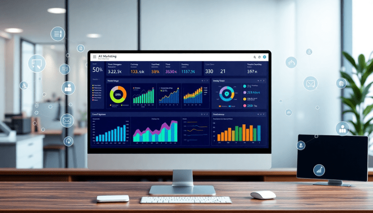 Marketing dashboard automation featuring AI-powered dashboard creation and real-time marketing analytics, showcasing multi-channel data aggregation, report scheduling automation, and campaign performance dashboard on a computer screen with TapClicks marketing dashboard software.
