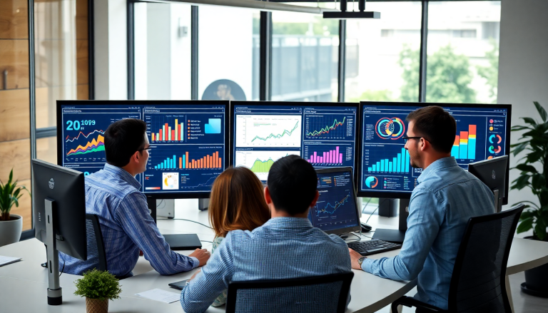 "Four professionals analyzing data on multiple screens displaying a marketing analytics dashboard for automated performance reports, agency reporting automation, and cross-channel analytics, illustrating a Funnel.io alternative and TapClicks reporting platform for digital marketing data visualization and performance marketing KPIs."