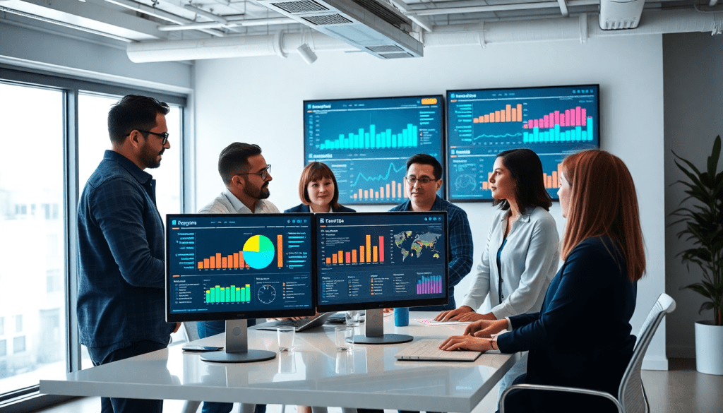 AI data visualization tool for marketing teams in a conference room, showcasing marketing analytics automation, AI reporting assistant, automated dashboard creation, cross-channel performance tracking, and client analytics automation on screens for ROI tracking.