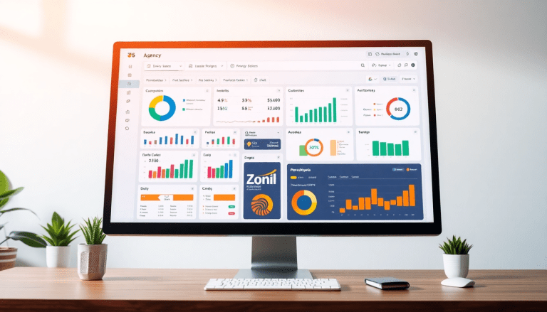 White-label marketing dashboard for agencies displaying graphs, metrics, and analytics on a computer screen, highlighting customizable client dashboards, cross-channel agency reporting, and automated data visualization for enhanced performance tracking.