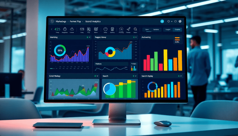 Automated KPI reporting dashboard showcasing marketing analytics automation, AI reporting assistant, and cross-channel performance tracking with vibrant data visualization and campaign performance insights on the TapClicks AI platform.