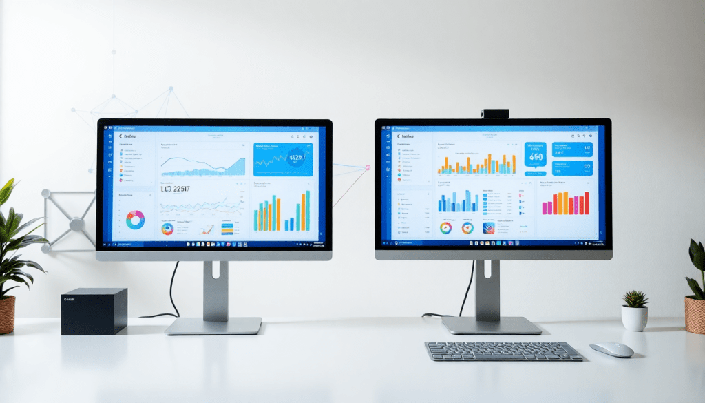 Marketing dashboard automation with analytics displays, automated performance reports, cross-channel insights, and digital marketing data visualization on dual monitors.
