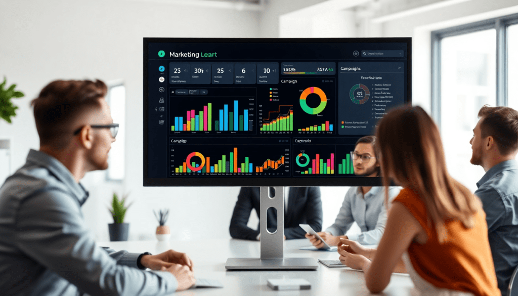 Multi-channel analytics dashboard displaying marketing data aggregation and campaign performance visualization in a business meeting setting.