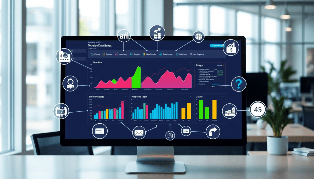 Performance marketing reporting software displaying automated campaign reporting, performance analytics, ad spend optimization dashboard, ROAS tracking, and conversion rate analytics for digital advertising insights and cross-channel campaign tracking in an office setting.