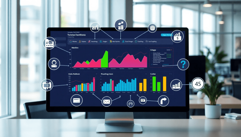 Performance marketing reporting software displaying automated campaign reporting, performance analytics, ad spend optimization dashboard, ROAS tracking, and conversion rate analytics for digital advertising insights and cross-channel campaign tracking in an office setting.