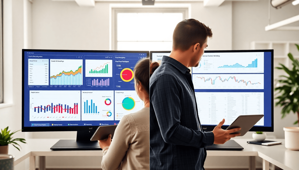 Marketing dashboard automation displaying cross-channel analytics with automated performance reports and client dashboard insights on dual screens.