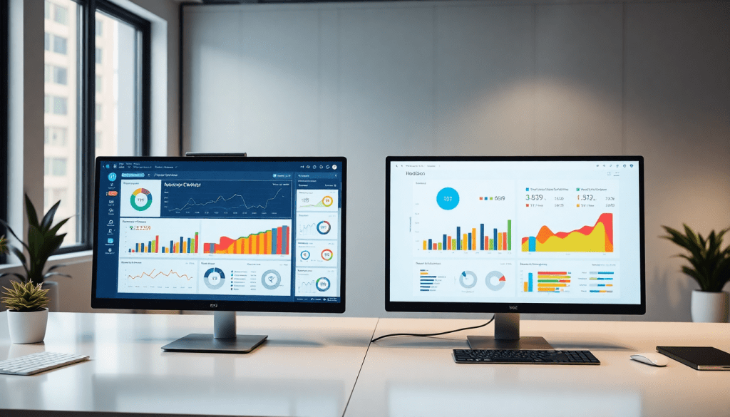 Marketing dashboard automation with dual monitors displaying marketing analytics dashboard, automated performance reports, and cross-channel analytics for agency reporting automation and client dashboard insights.