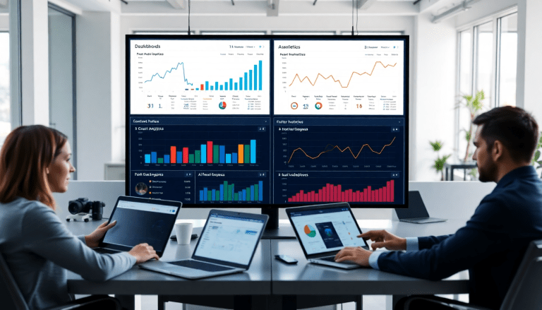Modern office with professionals using laptops to view a marketing analytics dashboard featuring automated performance reports, cross-channel analytics, and digital marketing data visualization for client dashboard insights and agency reporting automation.