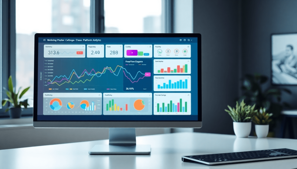 Multi-channel analytics dashboard displaying cross-channel marketing analytics, performance tracking, and marketing data aggregation in a modern office setting.