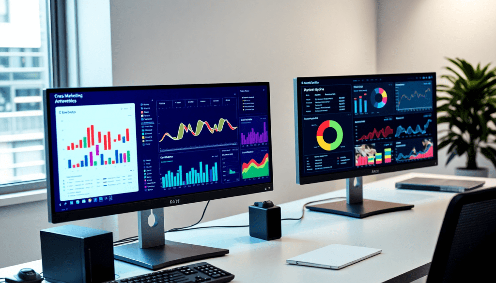 Dual monitors displaying a marketing analytics dashboard for agency reporting automation, featuring tapclicks and funnel.io comparison, showcasing cross-channel analytics and digital marketing data visualization.