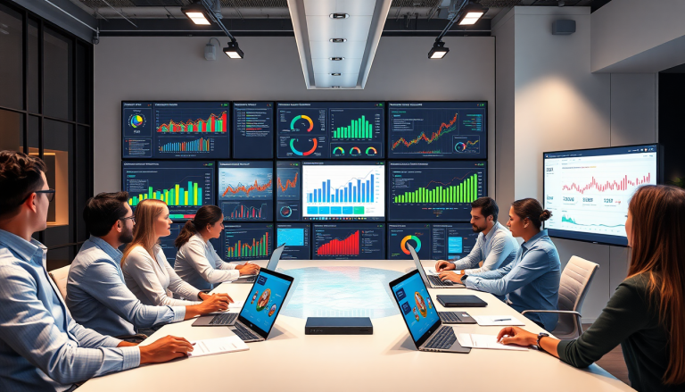 Marketing team uses AI data visualization tool for automated marketing analytics, featuring AI-powered dashboards and cross-channel visualization for campaign performance insights, interactive data reports on digital performance dashboard, and real-time marketing metrics in a marketing intelligence platform.