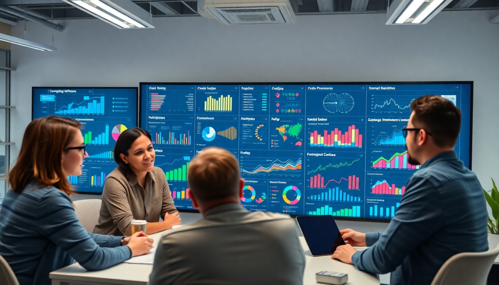 A marketing team using an AI data visualization tool for marketing teams to analyze automated marketing analytics through AI-powered dashboards, highlighting campaign performance insights and interactive data reports.