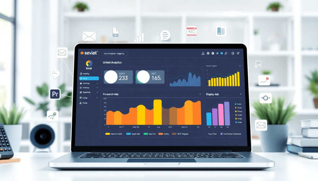 Multi-channel analytics dashboard showing cross-channel marketing analytics and performance tracking with colorful graphs, illustrating a unified reporting platform for marketing data aggregation and campaign performance visualization.