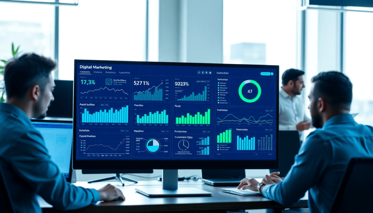 Digital marketing KPI dashboard showcasing marketing metrics visualization, performance tracking, and cross-channel analytics with interactive performance metrics and AI-driven insights.