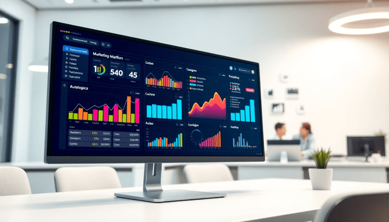 Performance marketing reporting software displaying automated campaign reporting, performance analytics tool, ad spend optimization dashboard, and ROAS tracking platform on a computer screen in a modern office setting.