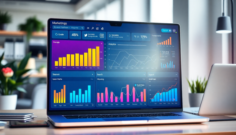 Multi-channel analytics dashboard displaying cross-channel marketing analytics, performance tracking graphs, and marketing data aggregation for a unified reporting platform.