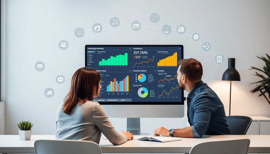 Marketing professionals analyzing a marketing analytics dashboard on a computer screen displaying automated performance reports, agency reporting automation, and cross-channel analytics for digital marketing data visualization.