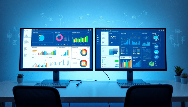 Marketing dashboard automation on dual monitors displaying marketing analytics dashboard, automated performance reports, and cross-channel analytics for agency reporting automation.