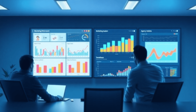 Digital marketing team analyzing cross-channel analytics on a marketing analytics dashboard and automated performance reports for agency reporting automation.