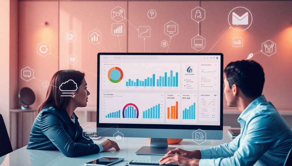 Performance marketing reporting software dashboard with automated campaign reporting, performance analytics tool, and ad spend optimization features analyzed by two professionals.