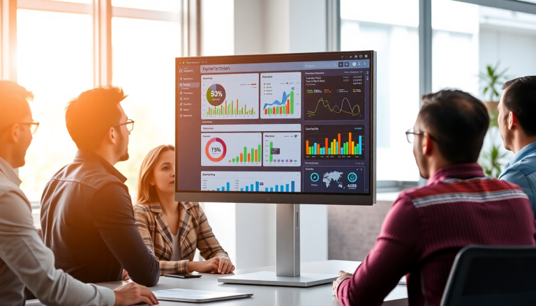 Group of professionals analyzing data on a white-label marketing dashboard for agencies, featuring customizable client dashboards and automated data visualization for performance tracking and cross-channel agency reporting.