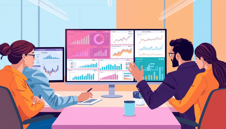 Professionals analyzing data on a performance marketing reporting software with multiple dashboards for automated campaign reporting, performance analytics, ad spend optimization, ROAS tracking, and conversion rate insights.