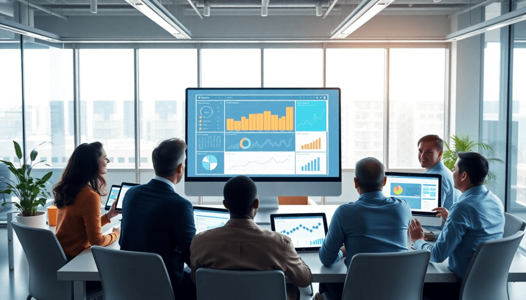Team reviewing data on a large screen in an office, using a NinjaCat alternative for cross-channel reporting and automated marketing reports, focusing on white-label analytics and agency reporting automation.