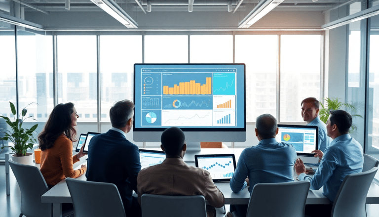 Team reviewing data on a large screen in an office, using a NinjaCat alternative for cross-channel reporting and automated marketing reports, focusing on white-label analytics and agency reporting automation.